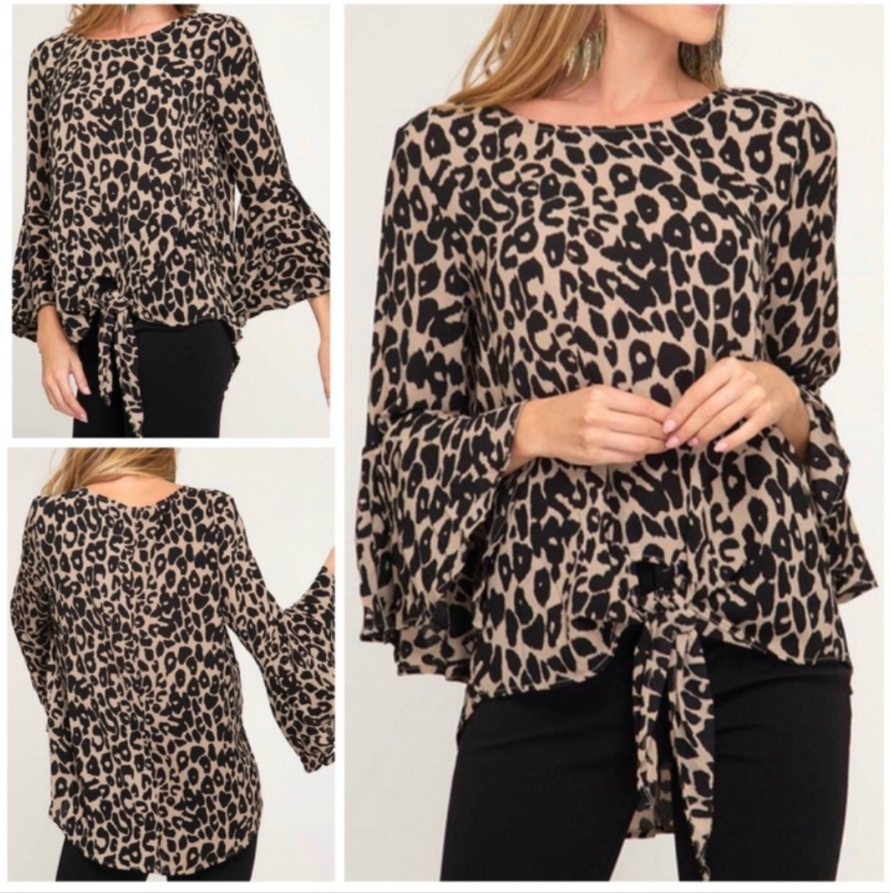 She & Sky Leopard Print Women's Top XL Black Tan Bell Sleeves Tie Waist Dressy